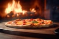 Wood fired pizza served on wooden board and table. Pizza pulled out of the oven after roasting over a fire. Generative AI