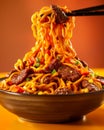 Delicious Yakisoba Noodles with Beef and Vegetables in a Bowl with Chopsticks on a Warm Toned Background Royalty Free Stock Photo