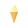 Delicious yellow ice cream brulee in waffle cone. Vanilla taste isolated twisted ice-cream on white background. Cute