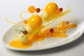 Delicious yellow molecular gastronomy dish, closeup