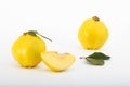 Delicious yellow quinces with leaves isolated on white background