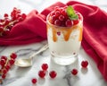 Delicious yogurt dessert with red fruits on a white marble table