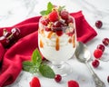 Delicious yogurt dessert with red fruits on a white marble table