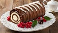 Delicious Yule log cake, log-shaped festive dessert with cream filling