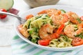 Delicious zucchini noodles with cherry tomato and prawns Royalty Free Stock Photo