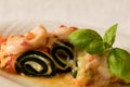 Delicious Zucchini Rollups filled with ricotta cheese and topped with fresh tomato marin Royalty Free Stock Photo
