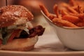 A Deliciouse Burger With Sweet Potaot Fries. Closezup, Wallpaper, Roasted, Beef, Salat;