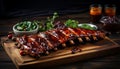Deliciously barbecued roasted sliced pork ribs close up, juicy and mouthwatering sliced meat