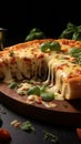 Deliciously cheesy Italian pizza slice, with four cheeses and basil