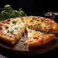 Deliciously cheesy Italian pizza slice, with four cheeses and basil