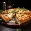 Deliciously cheesy Italian pizza slice, with four cheeses and basil