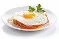 Deliciously cooked fried egg served on a pristine white plate, isolated on a clean white background