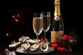 Deliciously Fresh Oysters and Ice on Plate with Elegant Champagne Glass in the Background