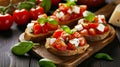 Deliciously Fresh and Wholesome Bruschetta: Mozzarella, Tomatoes, and Basil - A Nourishing and Veget Royalty Free Stock Photo