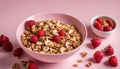 Deliciously healthy breakfast with granola, nuts, and fresh strawberries