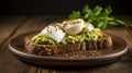 Deliciously healthy breakfast whole grain avocado toast topped with perfectly poached eggs.