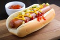 deliciously juicy hot dog topped with delicious combination of ketchup, mustard and relish