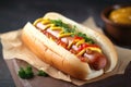 deliciously juicy hot dog topped with delicious combination of ketchup, mustard and relish