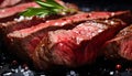 Deliciously juicy ribeye steak slices close up view of mouthwatering tenderness and rich flavor