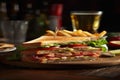 Tasty layered club sandwich, crispy fries, casual inviting lunchtime environment, generative AI