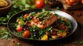 Deliciously plated salmon on a vibrant bed of mixed greens Royalty Free Stock Photo