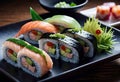 Deliciously prepared Japanese high quality sushi fish with wasabi, color and texture of meat, Japanese restaurant