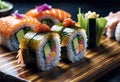 Deliciously prepared Japanese high quality sushi fish with wasabi, color and texture of meat, Japanese restaurant