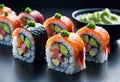 Deliciously prepared Japanese high quality sushi fish with wasabi, color and texture of meat, Japanese restaurant