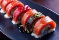 Deliciously prepared Japanese high quality sushi fish with wasabi, color and texture of meat, Japanese restaurant