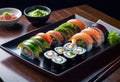 Deliciously prepared Japanese high quality sushi fish with wasabi, color and texture of meat, Japanese restaurant