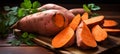 Deliciously roasted sweet potato on a rustic wooden background, perfect for a healthy and tasty meal