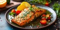 Deliciously Seared Salmon Complemented By Vibrant Veggies And Zesty Herb Sauce, Copy Space