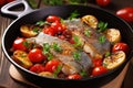 Deliciously seasoned and expertly roasted fish fillet in a sizzling pan, ready to be savored