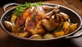 Deliciously seasoned roast chicken sizzling in a pan, ready to tantalize your taste buds