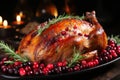 Deliciously seasoned roast goose with crispy golden skin, sizzling in a pan, waiting to be savored