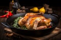 Deliciously seasoned and succulent roast chicken cooked to perfection in a trusty pan Royalty Free Stock Photo