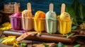 Deliciously vibrant Trio of colorful ice cream popsicles with mouthwatering flavors - strawberry, mango, and blueberry - perfect