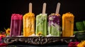 Deliciously vibrant Trio of colorful ice cream popsicles with mouthwatering flavors - strawberry, mango, and blueberry - perfect