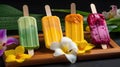 Deliciously vibrant Trio of colorful ice cream popsicles with mouthwatering flavors - strawberry, mango, and blueberry - perfect