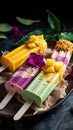 Deliciously vibrant Trio of colorful ice cream popsicles with mouthwatering flavors - strawberry, mango, and blueberry - perfect