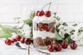 Delicius trifle with cherry and cream for breakfast