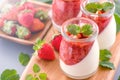 Delicous and nutritious double color colour strawberry desserts with mint and diced sarcocarp topping  with airy blue Royalty Free Stock Photo