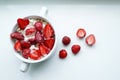 Delicous and nutritious strawberry dessert, summer food on white background, copy space, close up