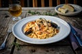 Delicous pasta carbonara, with verdure with plenty of Parmesan, beautiful table setup. Ai generated