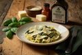 Delicous pasta carbonara, with verdure with plenty of Parmesan, beautiful table setup. Ai generated