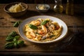 Delicous pasta carbonara, with verdure with plenty of Parmesan, beautiful table setup. Ai generated