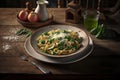 Delicous pasta carbonara, with verdure with plenty of Parmesan, beautiful table setup. Ai generated