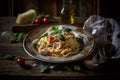 Delicous pasta carbonara, with verdure with plenty of Parmesan, beautiful table setup. Ai generated