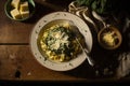 Delicous pasta carbonara, with verdure with plenty of Parmesan, beautiful table setup. Ai generated