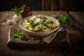 Delicous pasta carbonara, with verdure with plenty of Parmesan, beautiful table setup. Ai generated